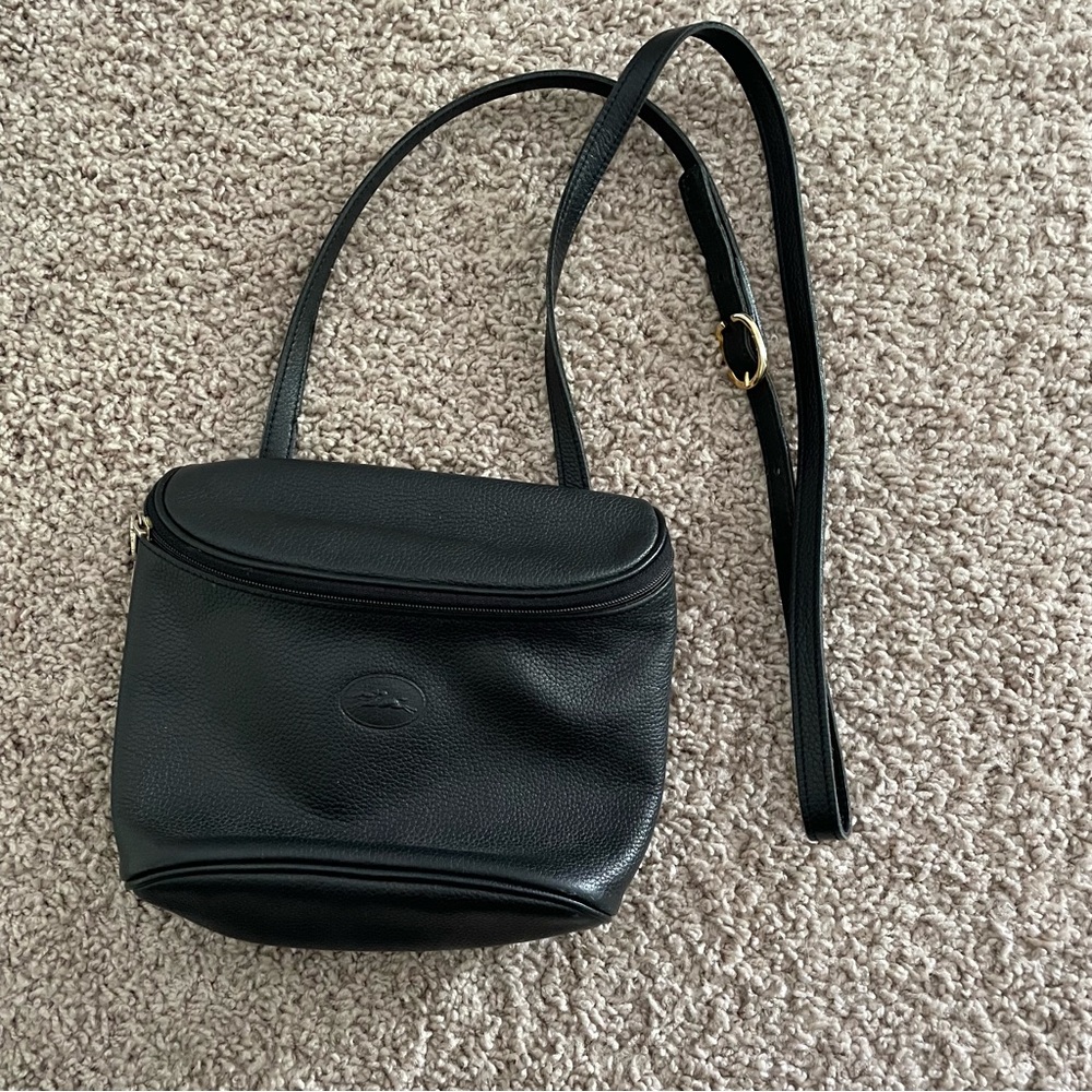 Longchamp leather crossbody bag from 1990s. Black